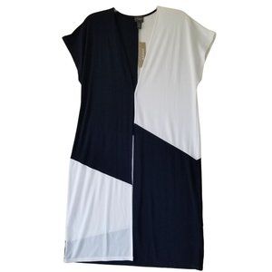 Chico's Travelers Blue & White Color Block Long Gauzy Short Sleeve Vest Size 1